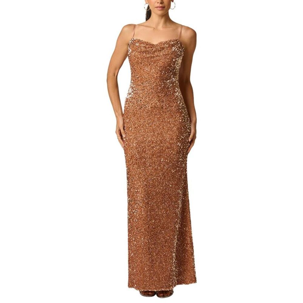 Adrianna Papell Womens Sequin Knit Long Dress, Gold
